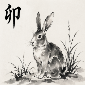 ink painting of rabbit representing 卯 (Mao) Wood energy