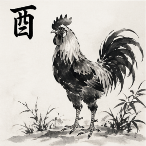 ink painting of rooster representing 酉 (You) Metal energy
